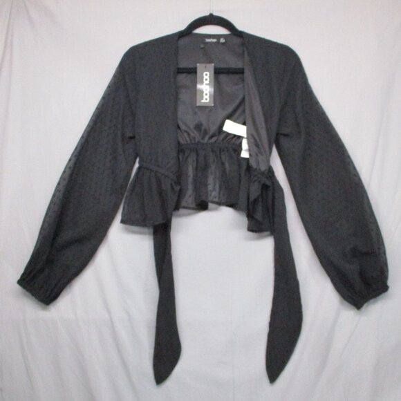 NWT BooHoo Sheer Crop Wrap Top Black Women Size | 6 - Picture 10 of 13